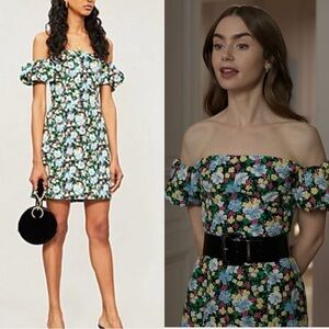 Maje | Rapy Floral Off The Shoulder Linen Knit Mini Dress Small Emily In Paris